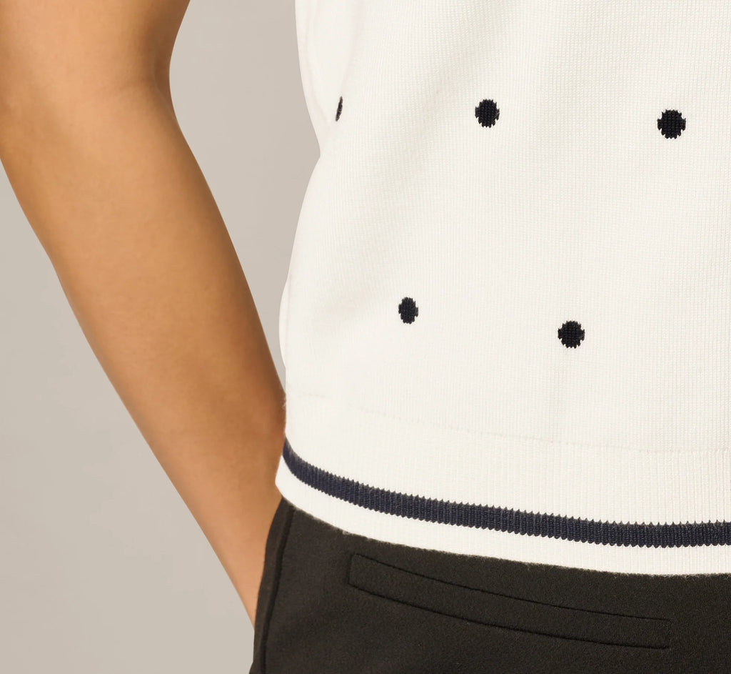 Short Sleeve Chain Patterned Knit Top In Ivory Navy Medium Simple Dot