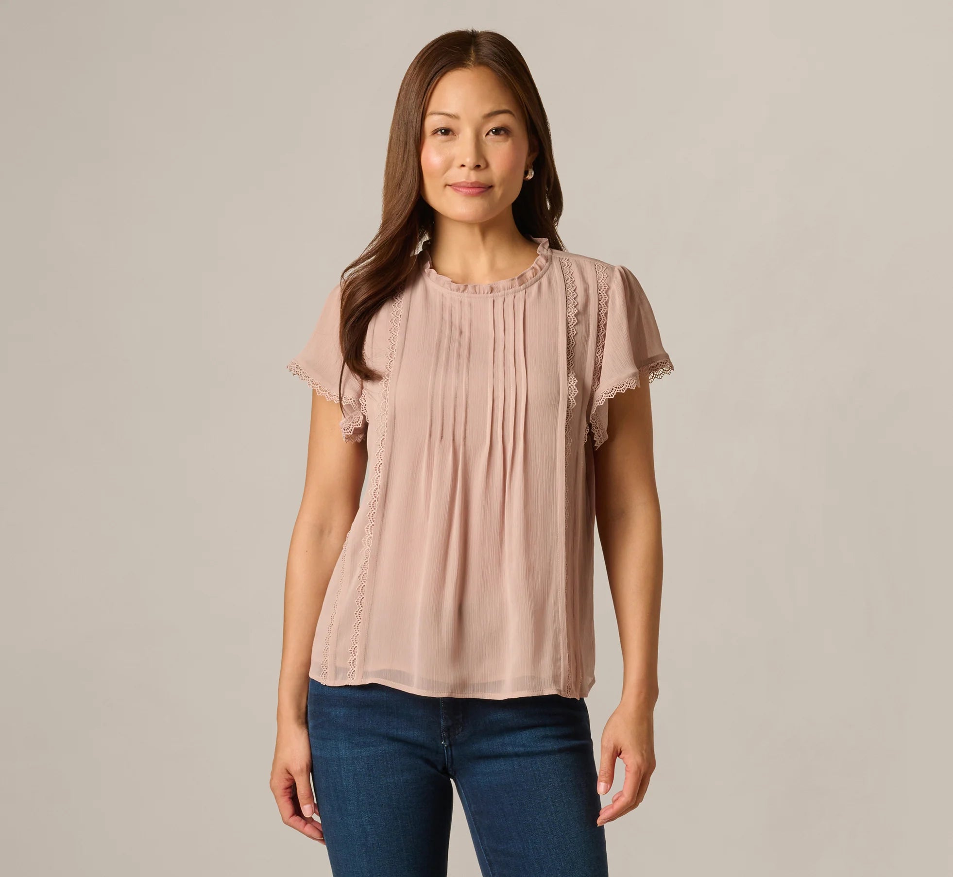 Flutter Sleeve Lace Pintuck Top In Simply Taupe