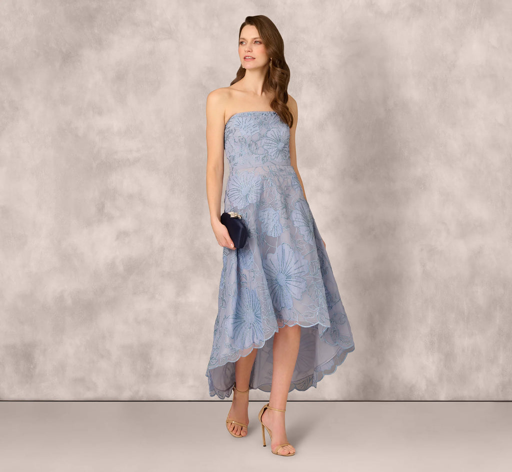 Strapless Floral Embroidered High Low Midi Dress In Blue Cloud