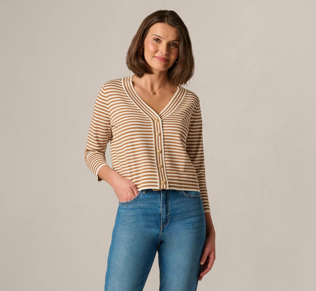 V Neck Button Front Cardigan Sweater In Ivory Camel