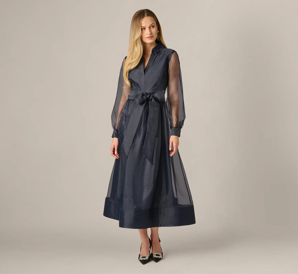 Long Sleeve Organza Collared Ankle Length Midi Dress In Midnight