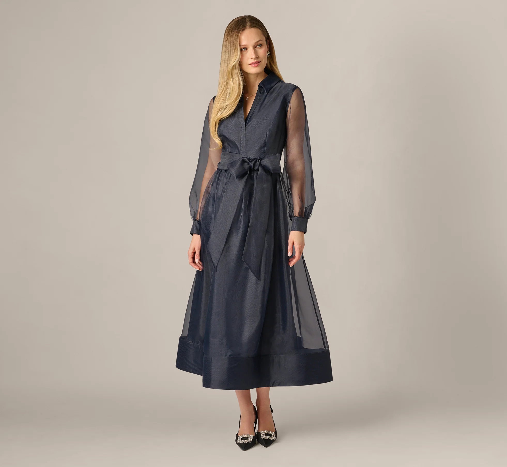 Long Sleeve Organza Collared Ankle Length Midi Dress In Midnight
