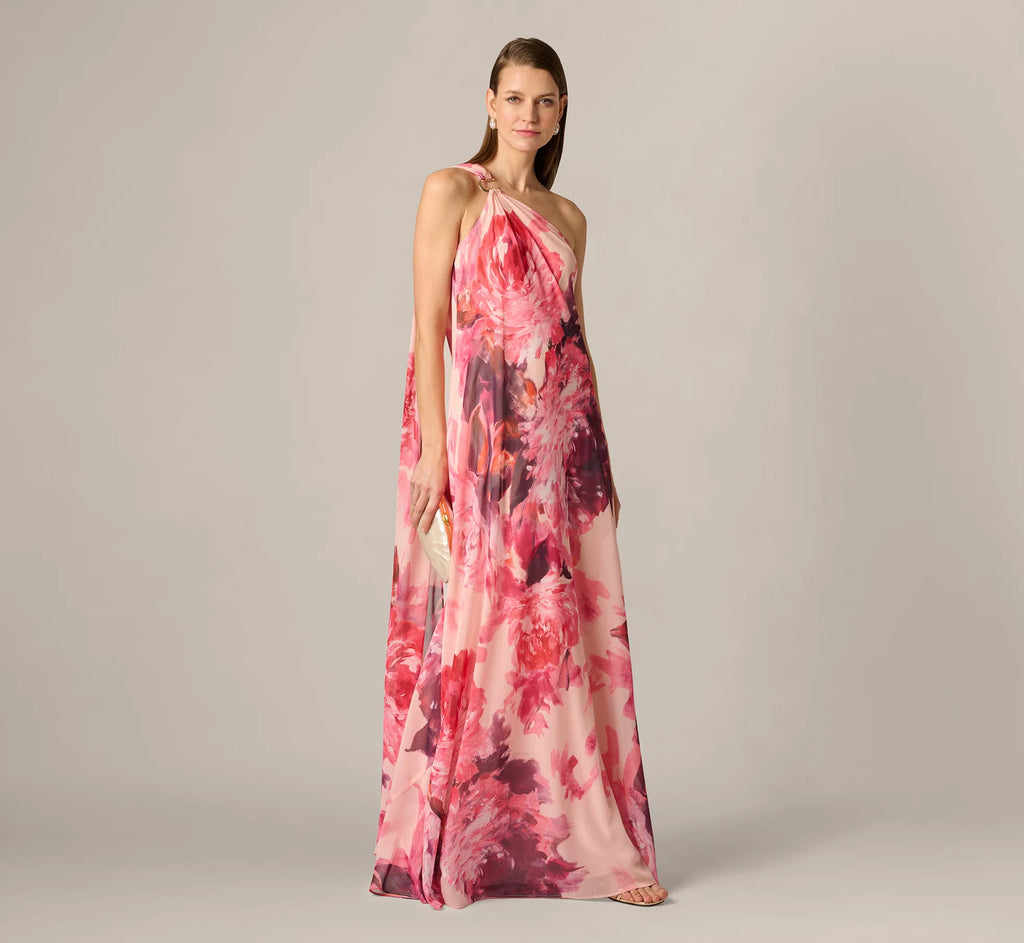 One Shoulder Peony Floral Chiffon Scarf Gown In Pink Multi