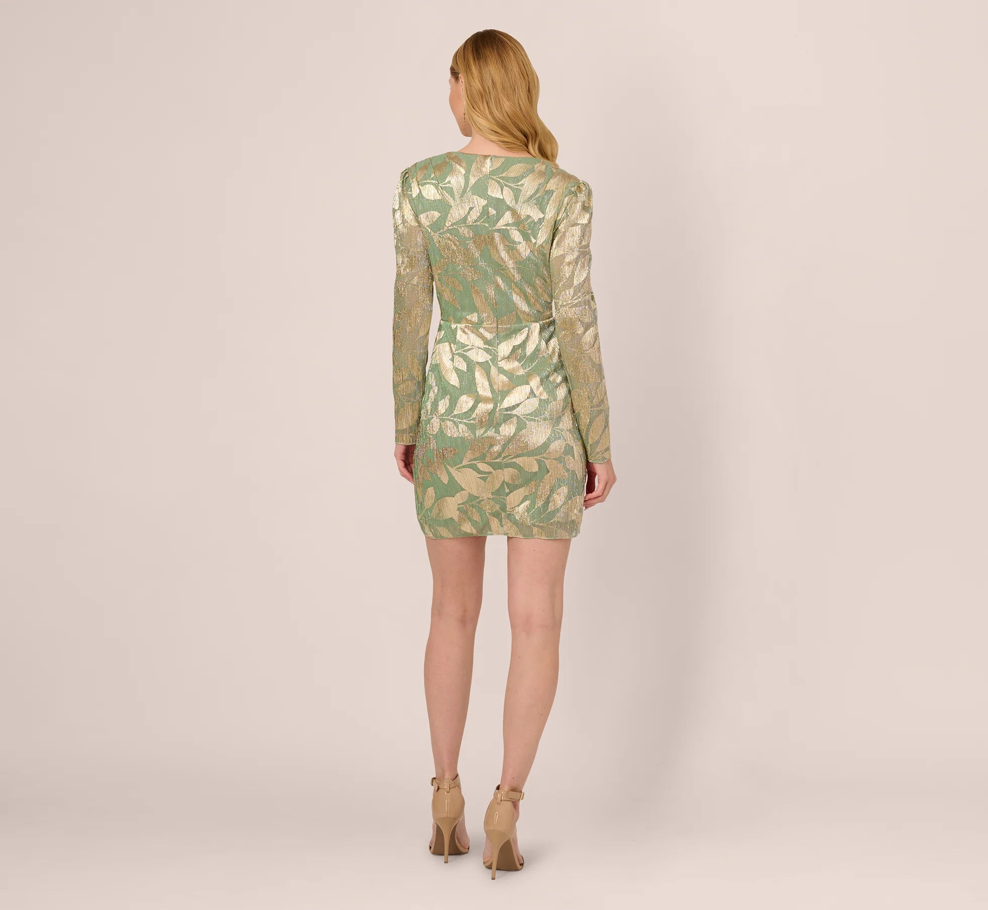 Long Sleeve Foil Short Wrap Dress In Sage Gold