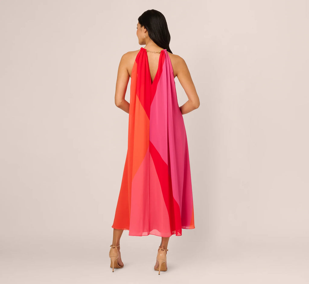 Color Block Chiffon Trapeze Dress With Chain Halter Neckline In Red Multi