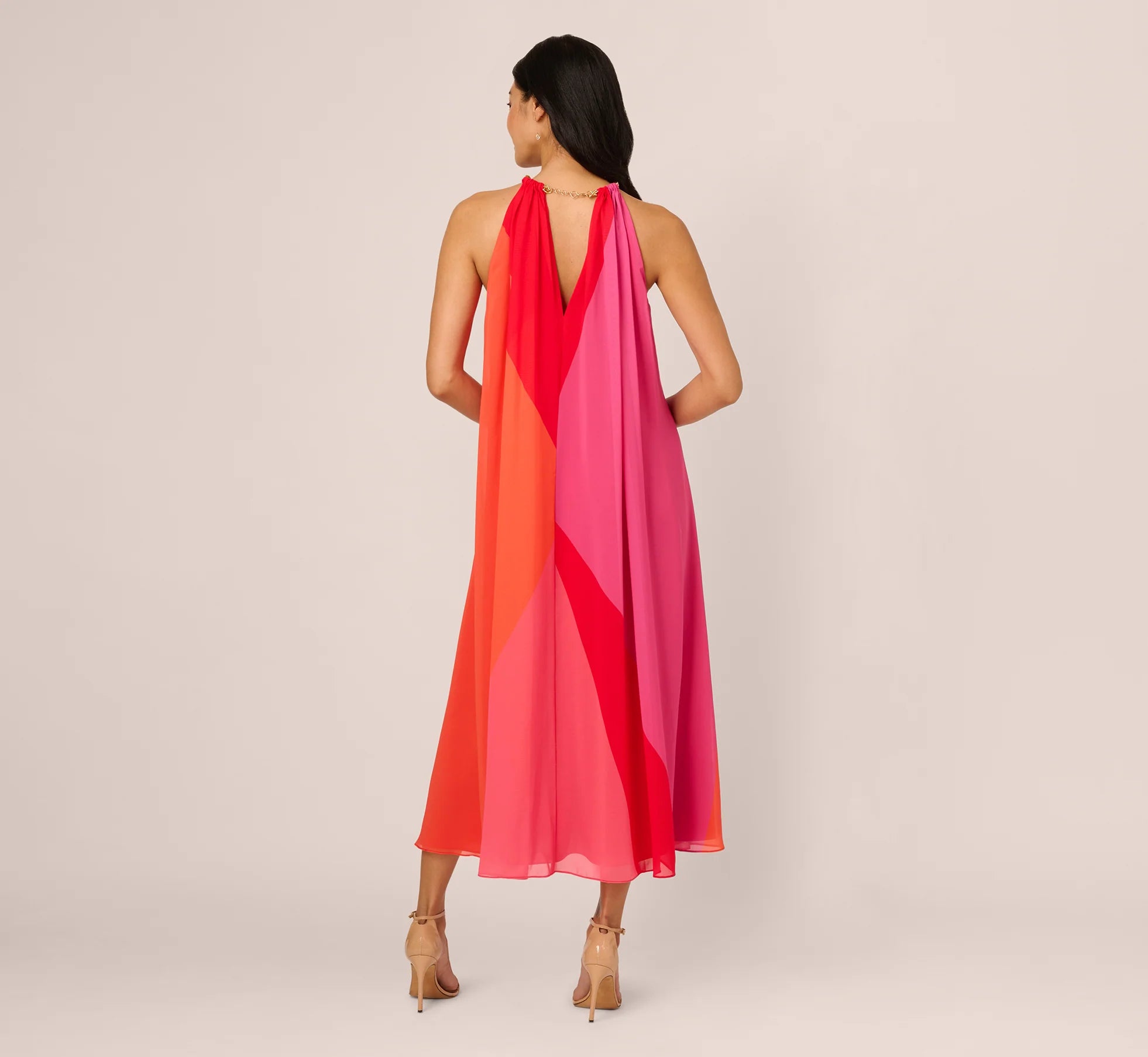 Color Block Chiffon Trapeze Dress With Chain Halter Neckline In Red Multi