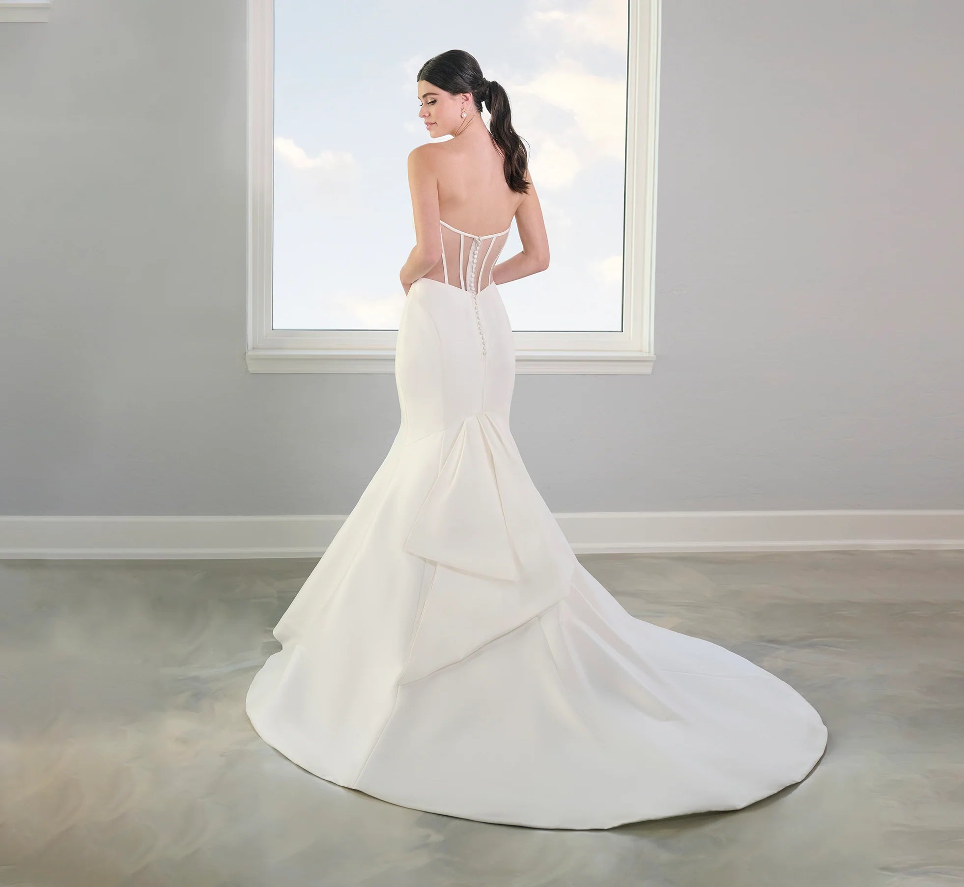 Stretch Mikado Gown With Studded Pearl Jacket In Ivory