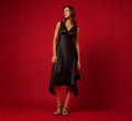 Satin Lace Midi Slip Dress In Black