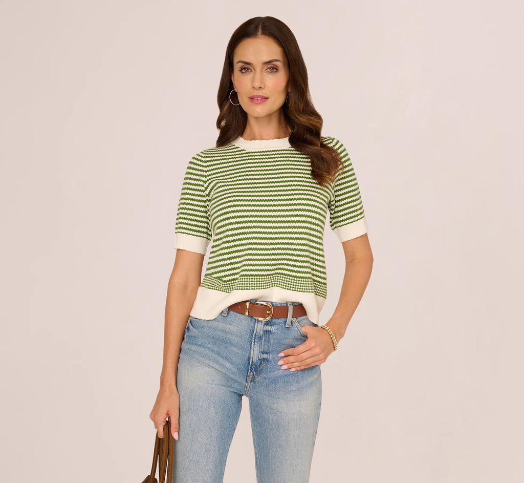 Short Sleeve Scalloped Stripe Pullover Sweater In Ivory Foliage
