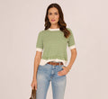 Short Sleeve Scalloped Stripe Pullover Sweater In Ivory Foliage