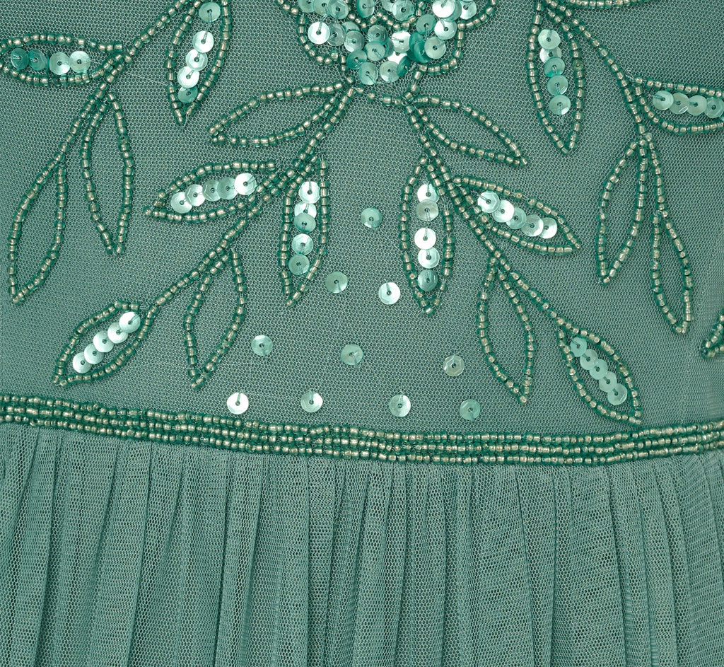 Short Sleeve A Line Beaded Illusion Dress In Green Slate