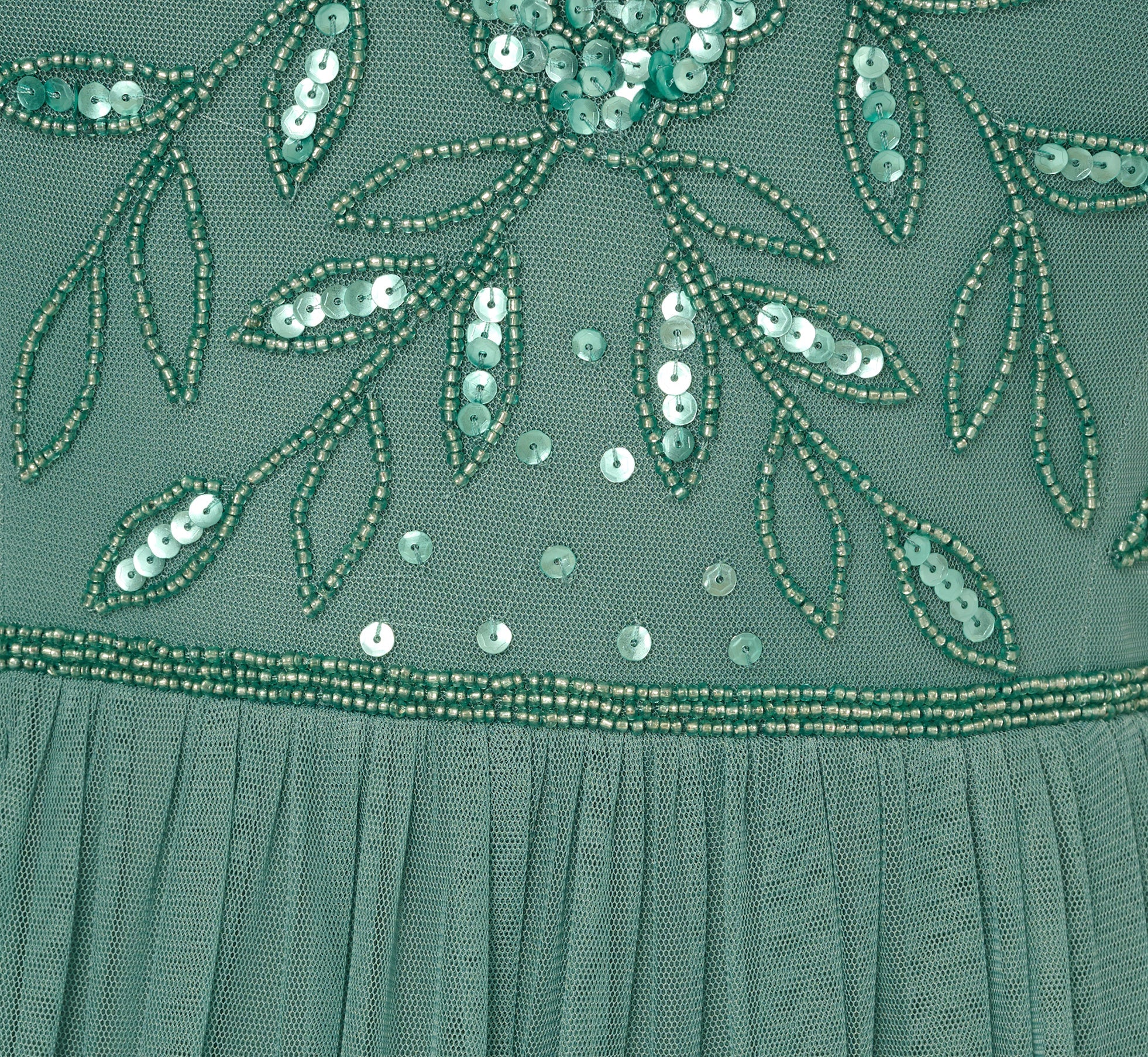 Short Sleeve A Line Beaded Illusion Dress In Green Slate