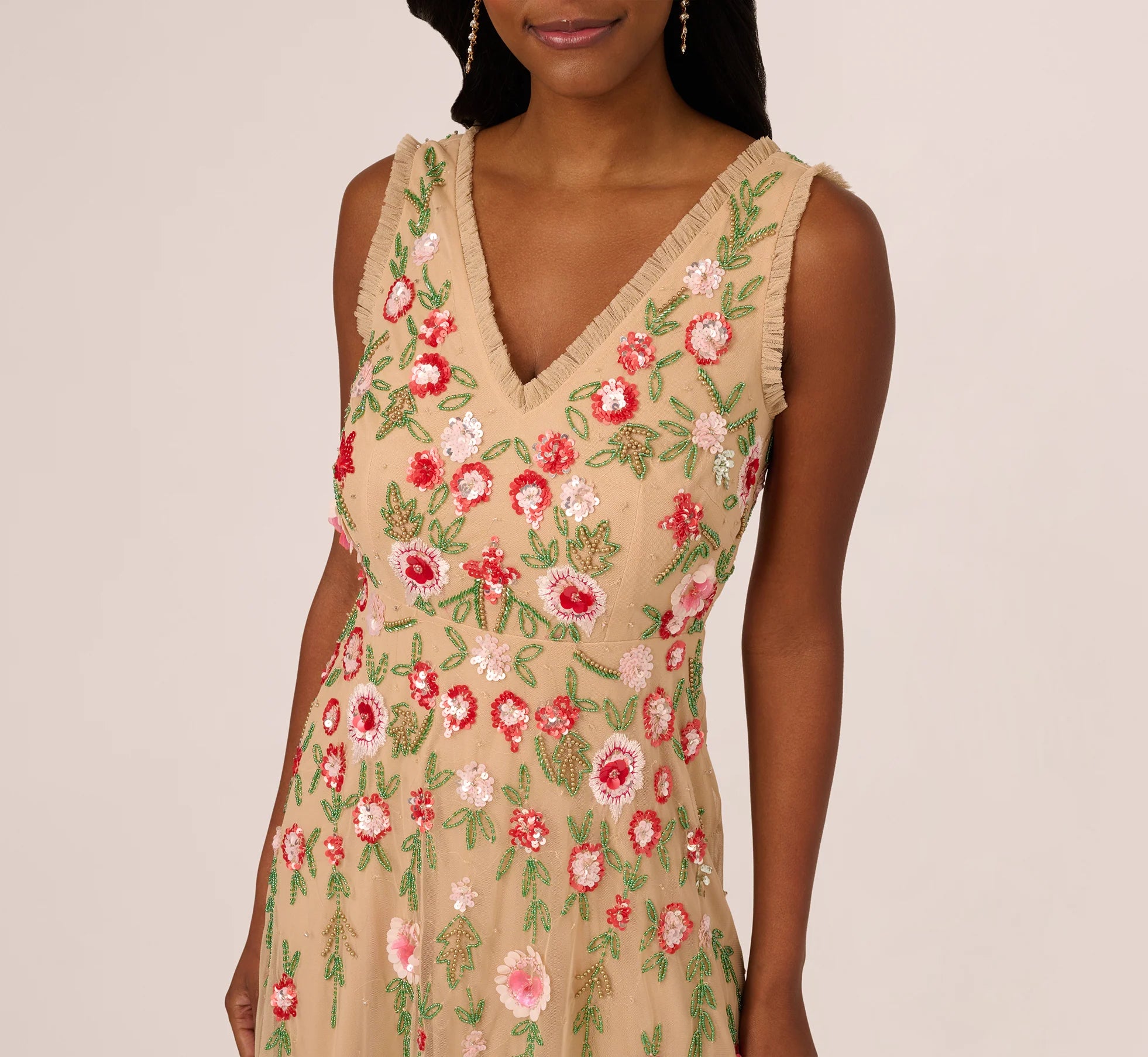 Sleeveless Fringe Trim Floral Bead Midi Dress In Nude Multi