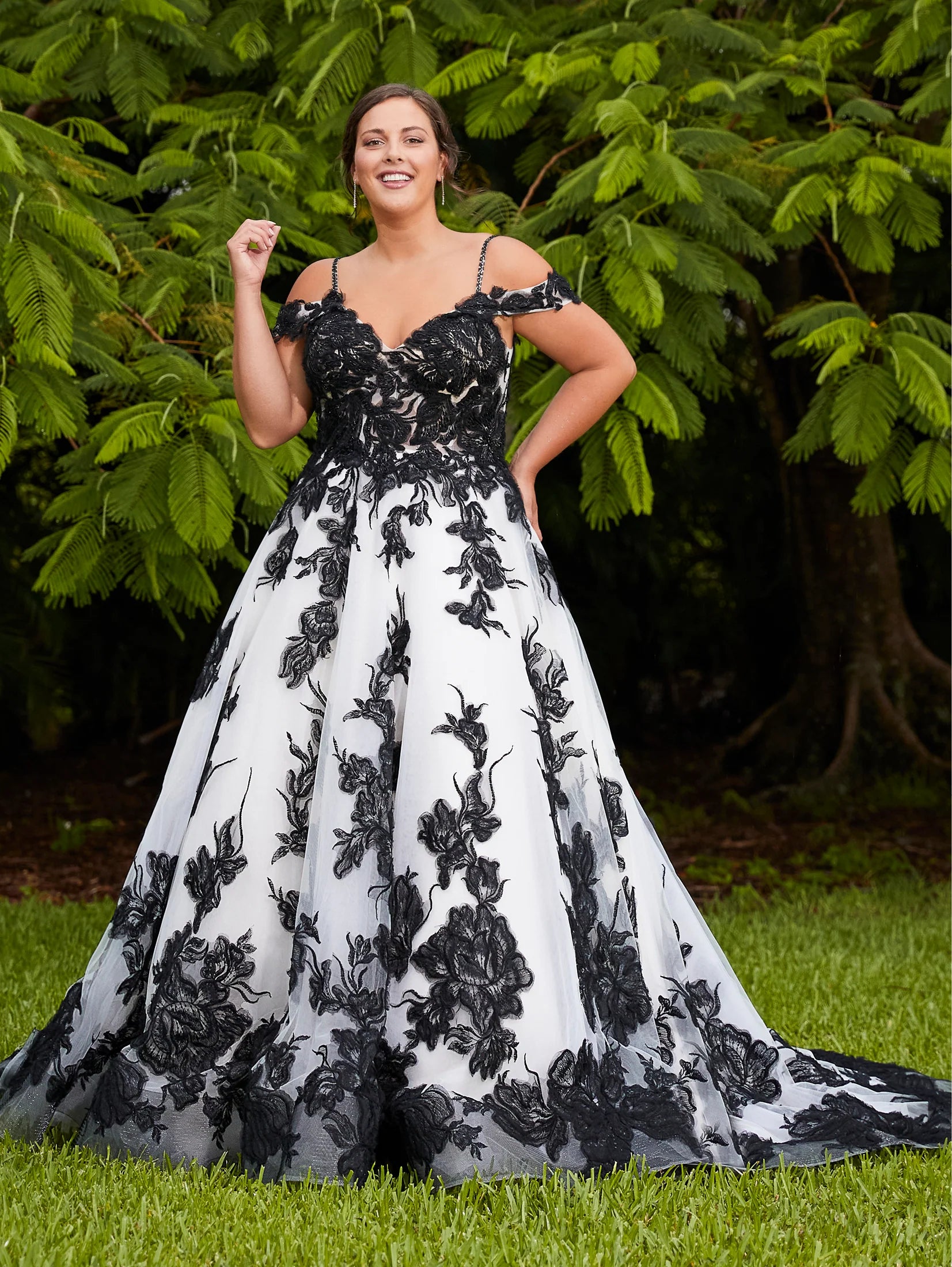 Floral Lace and Tulle Cold Shoulder Gown