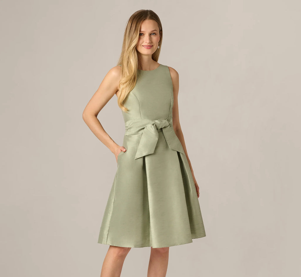 Dupioni Tie Front Fit And Flare Dress In Sage