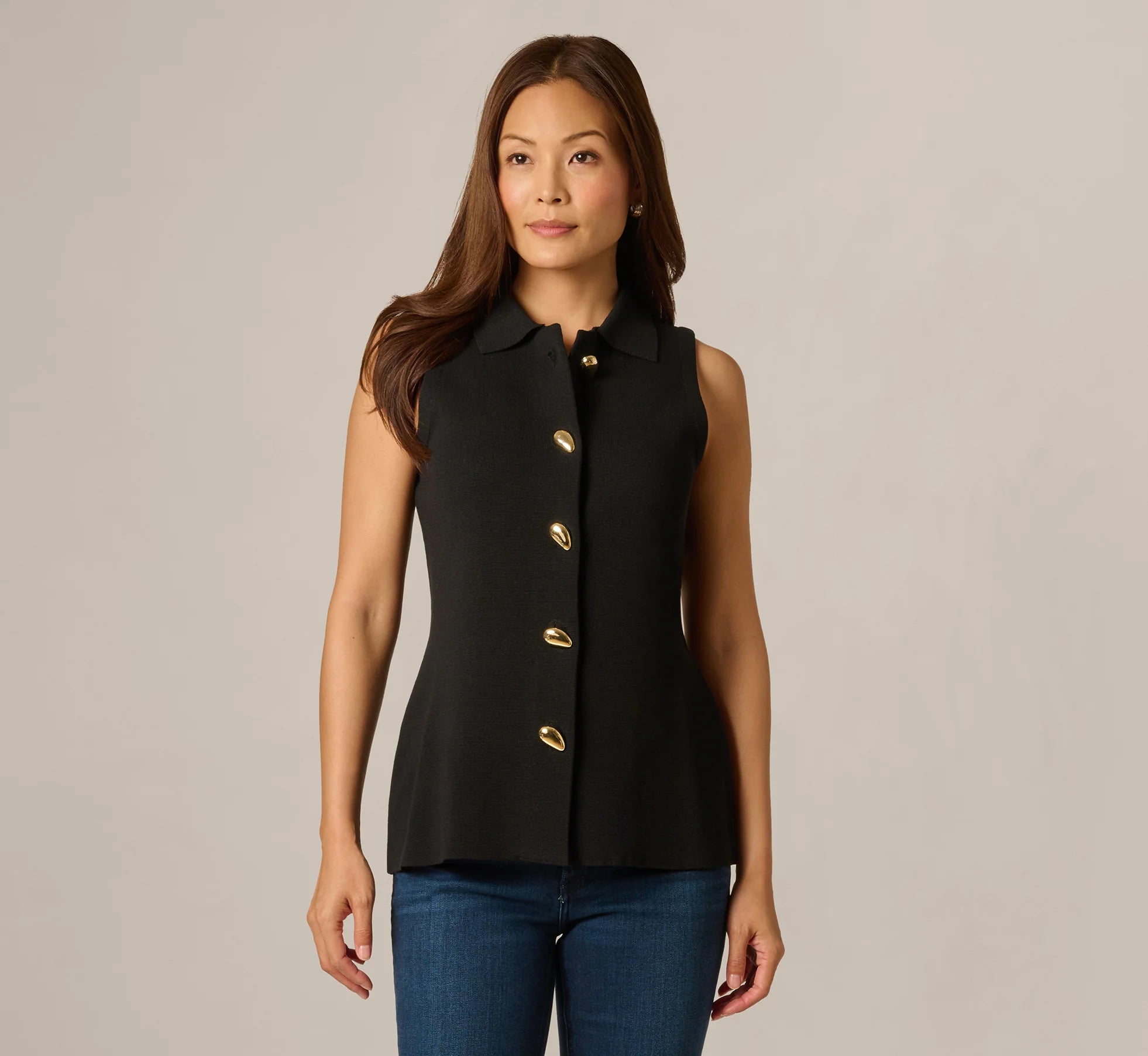 Abstract Button Front Knit Vest Top In Black