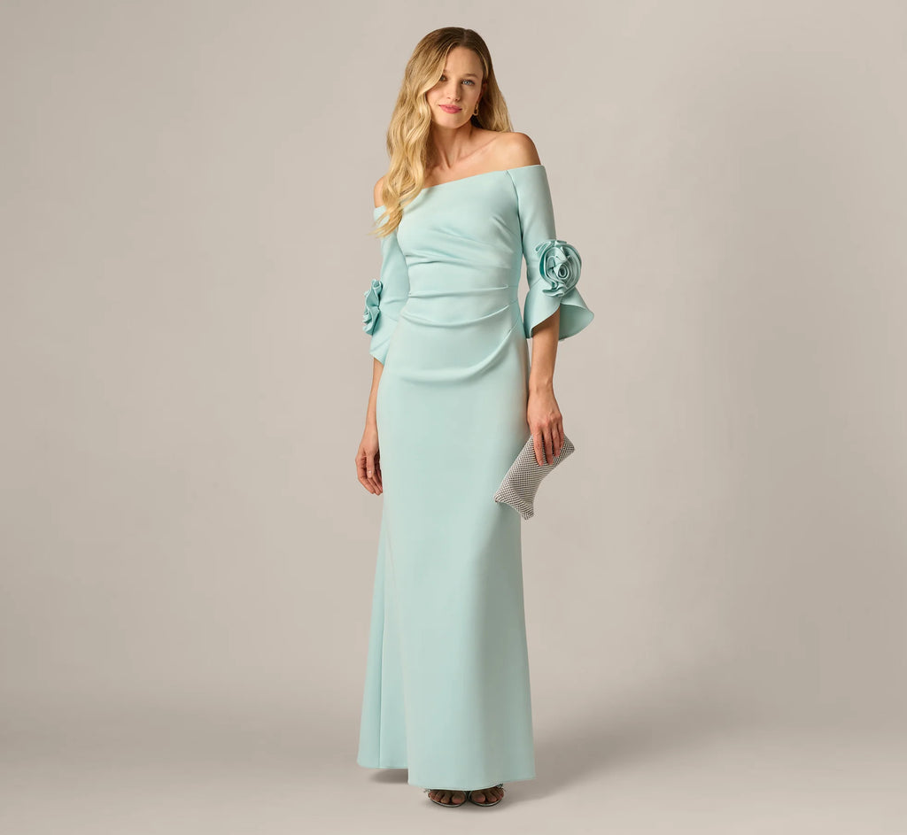 Off Shoulder Bell Sleeve Rosette Gown In Airy Aqua