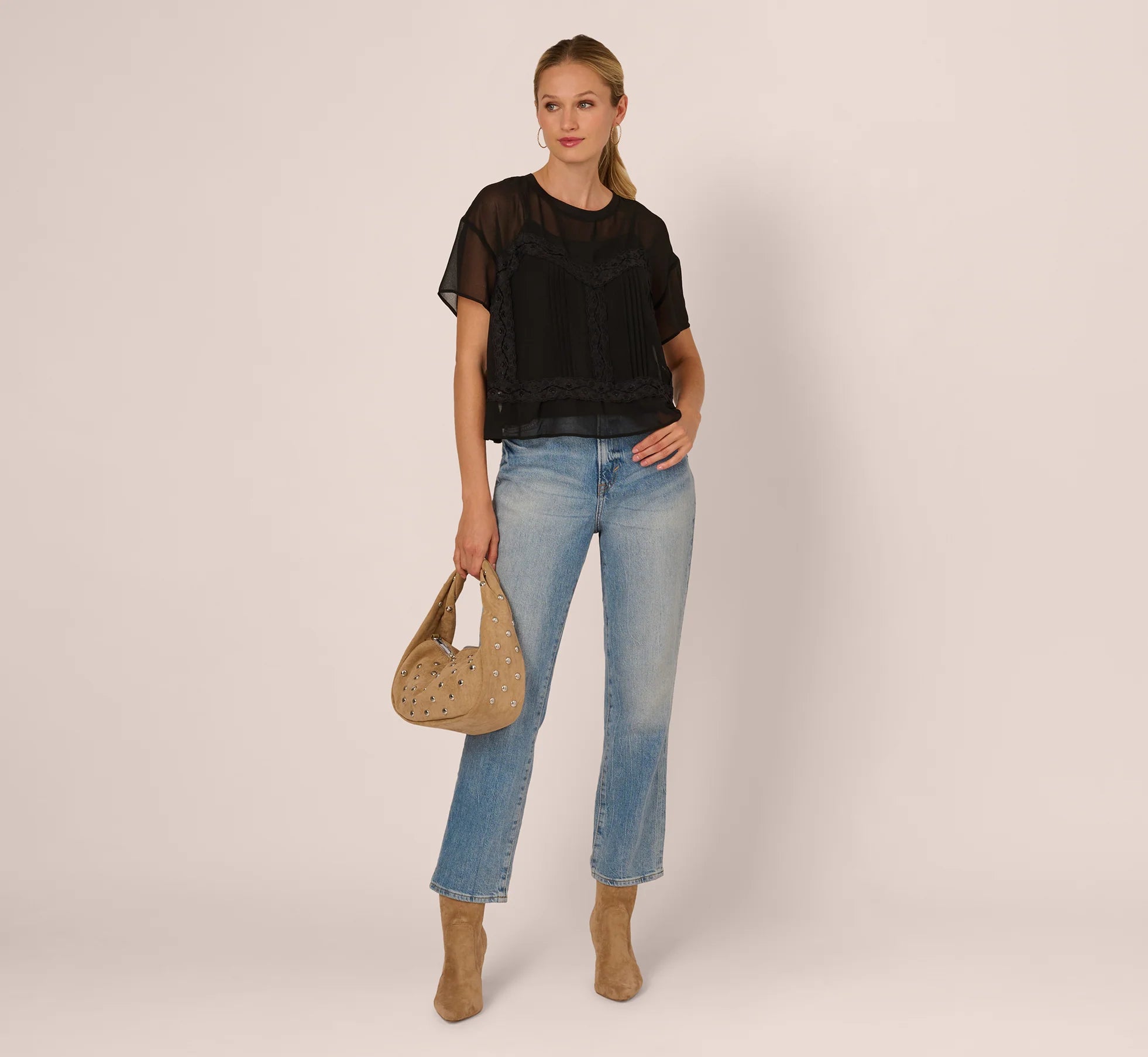 Short Sleeve Pintuck Lace Top In Black
