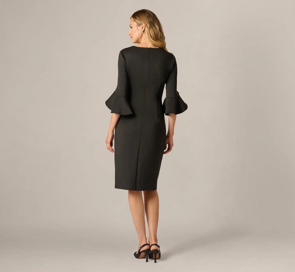 Three Quarter Sleeve Faux Wrap Midi Dress In Black
