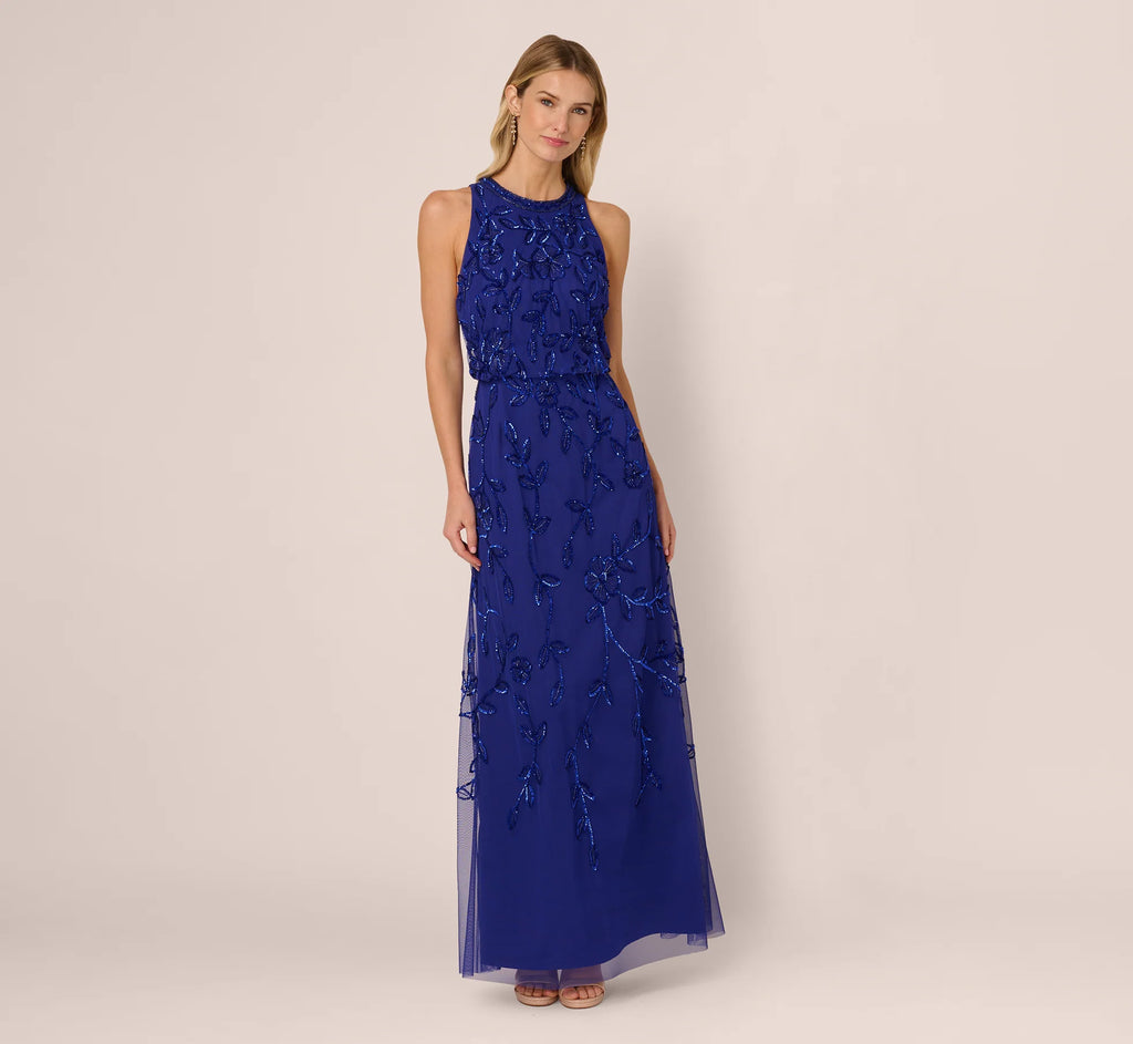 Sleeveless Blouson Mermaid Gown With Jasmine Beading In Dark Blue Violet