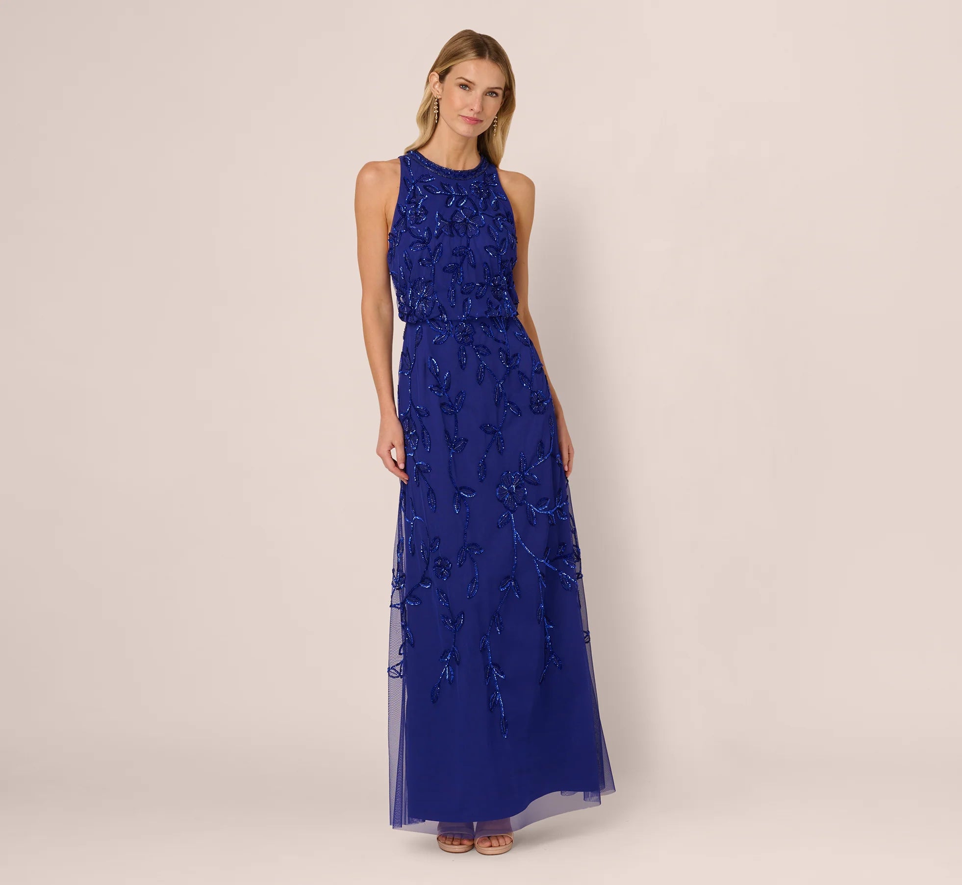 Sleeveless Blouson Mermaid Gown With Jasmine Beading In Dark Blue Violet