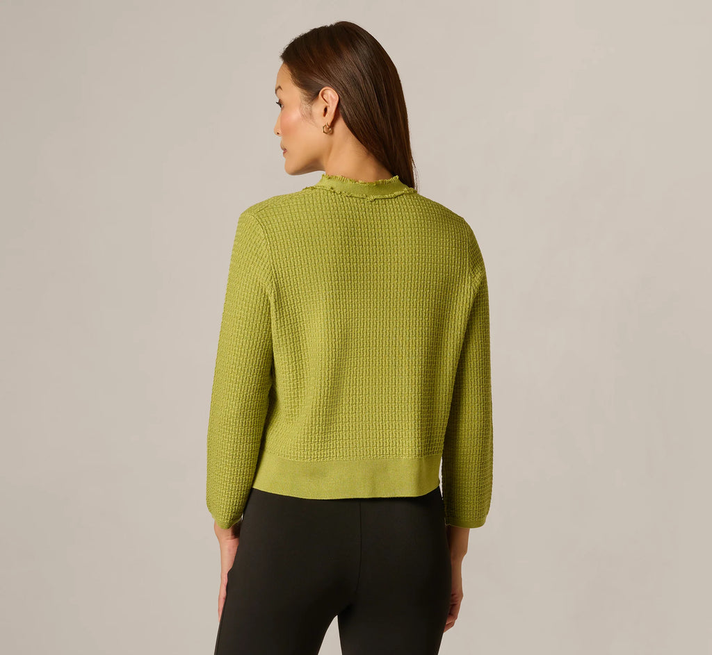 Waffle Knit Cardigan Sweater With Frayed Edges In Apple Green
