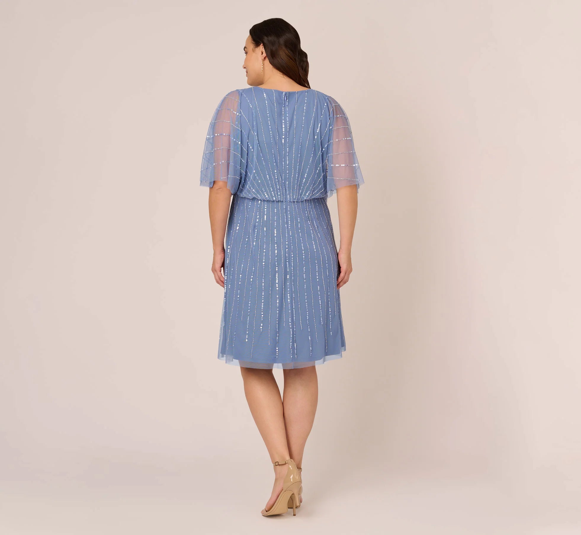 Plus Size Hand Beaded Illusion Faux Wrap Short Cocktail Dress In French Blue