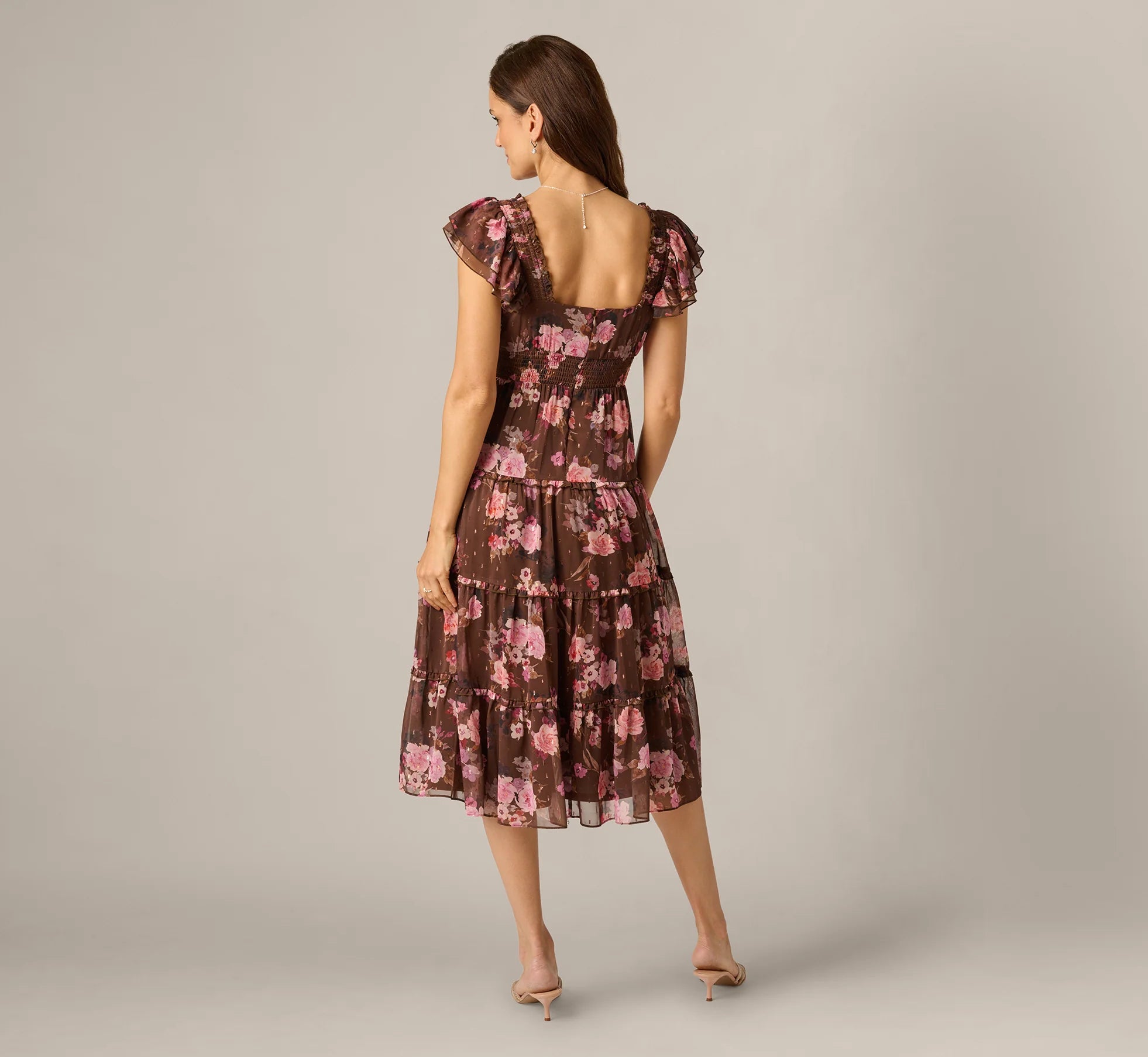 Flutter Sleeve Floral Metallic Chiffon Midi Dress In Brown Multi