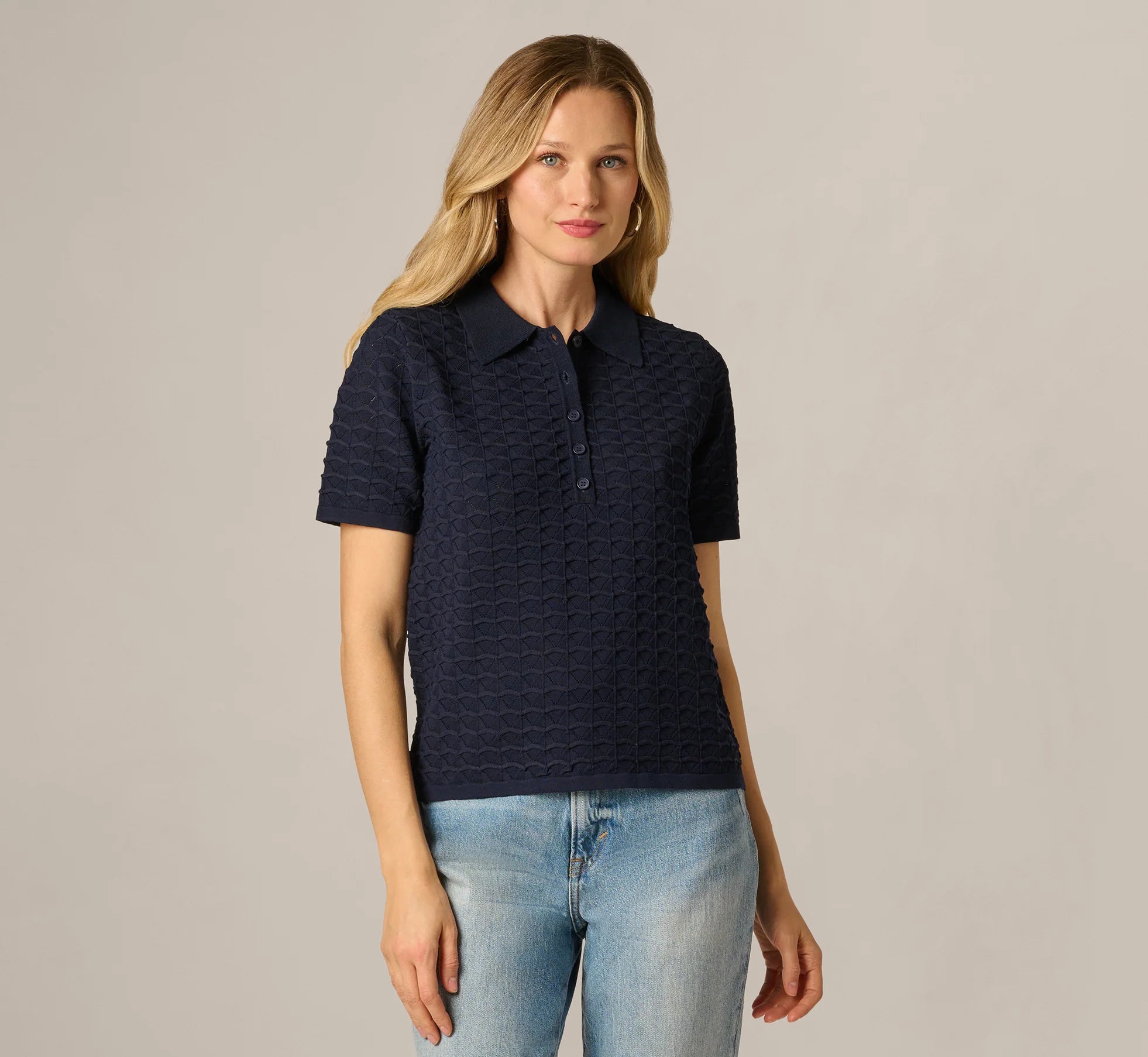Short Sleeve Open Pointelle Polo Top In Blue Moon