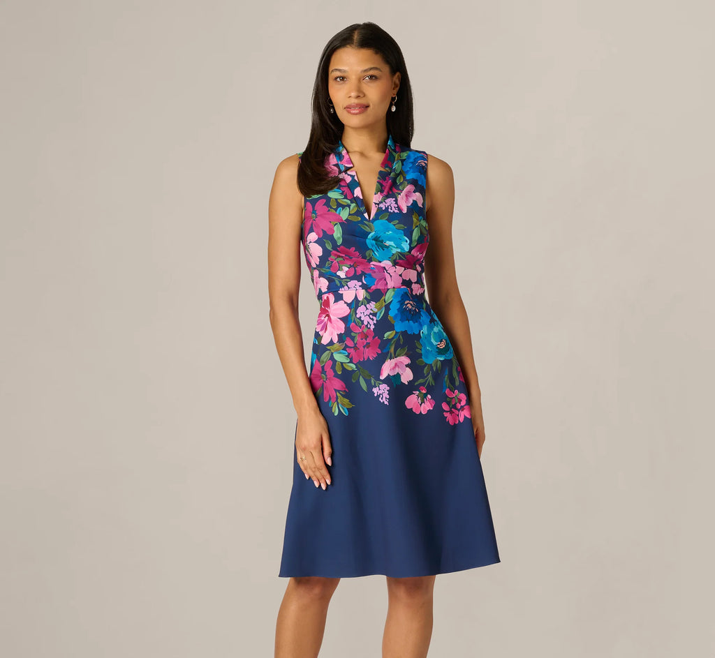 Collared Floral Border Twill Midi Dress In Navy Multi