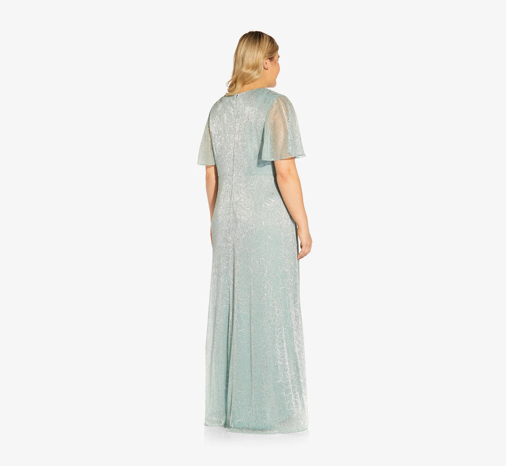 Plus Size Metallic Mesh Draped Gown In Sea Glass