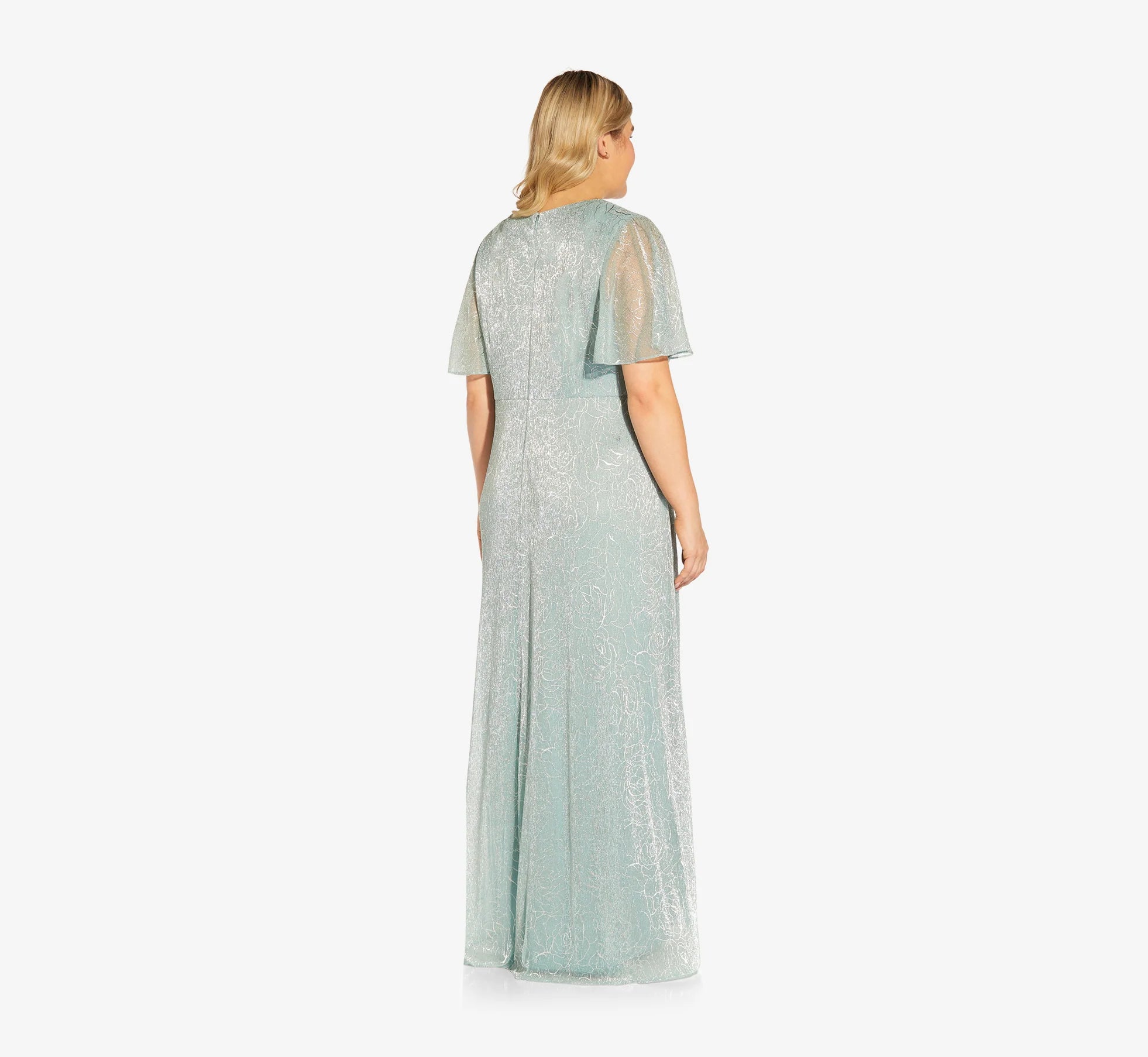Plus Size Metallic Mesh Draped Gown In Sea Glass