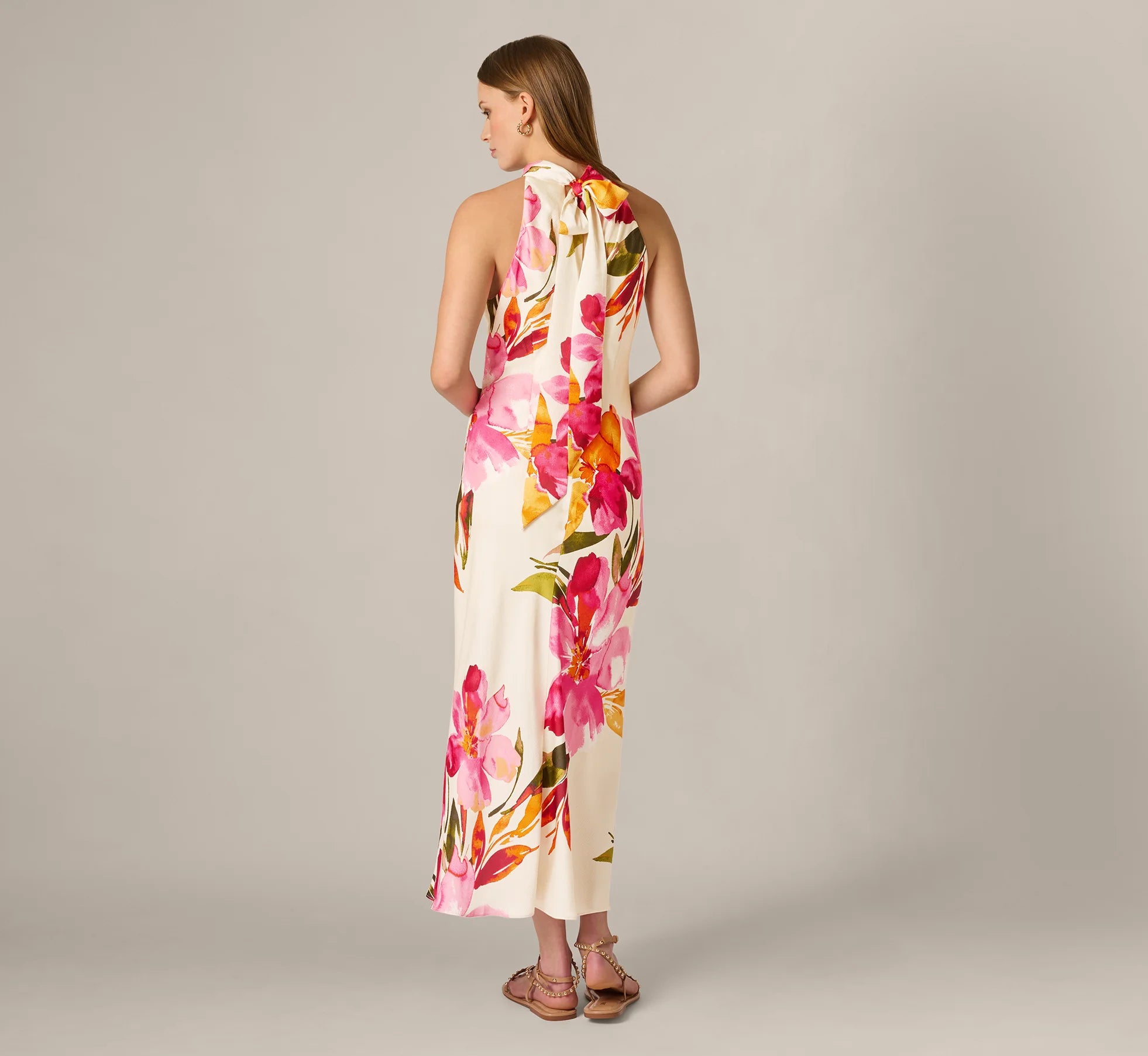 Floral Printed Satin Midi Halter Dress In Champagne Multi