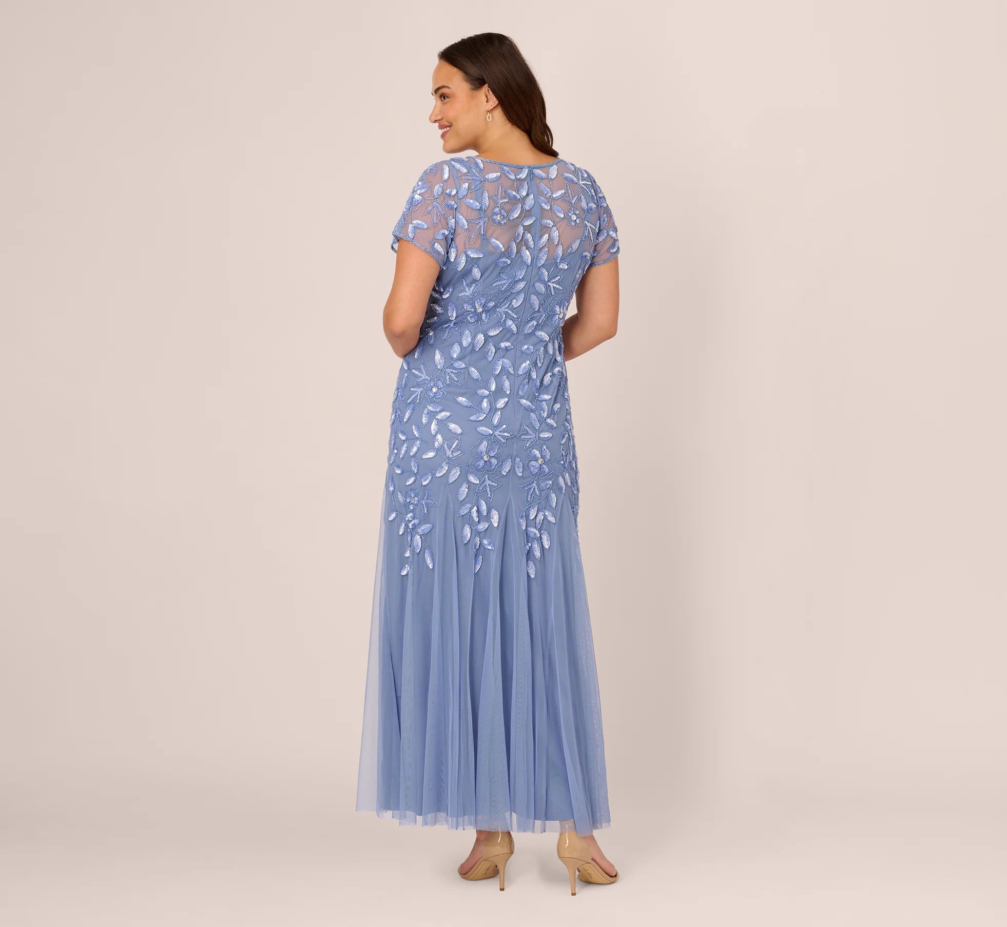 Plus Size Hand Beaded Short Sleeve Floral Godet Gown In French Blue