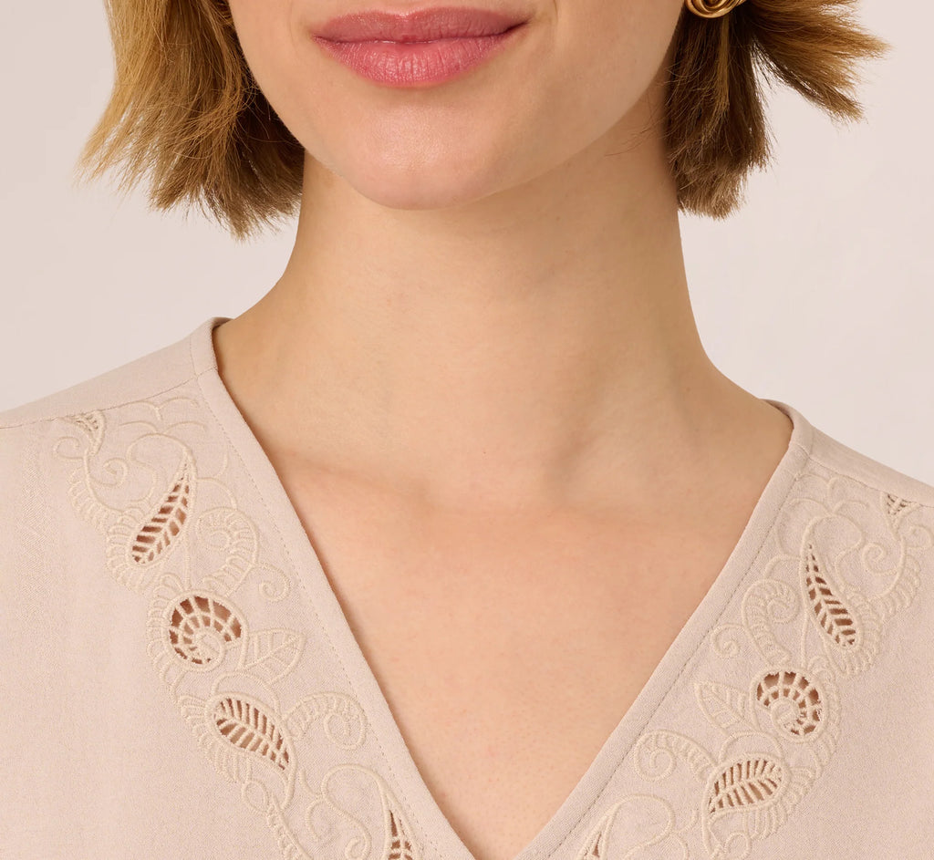 Sleeveless Embroidered V Neck Top In Pebble
