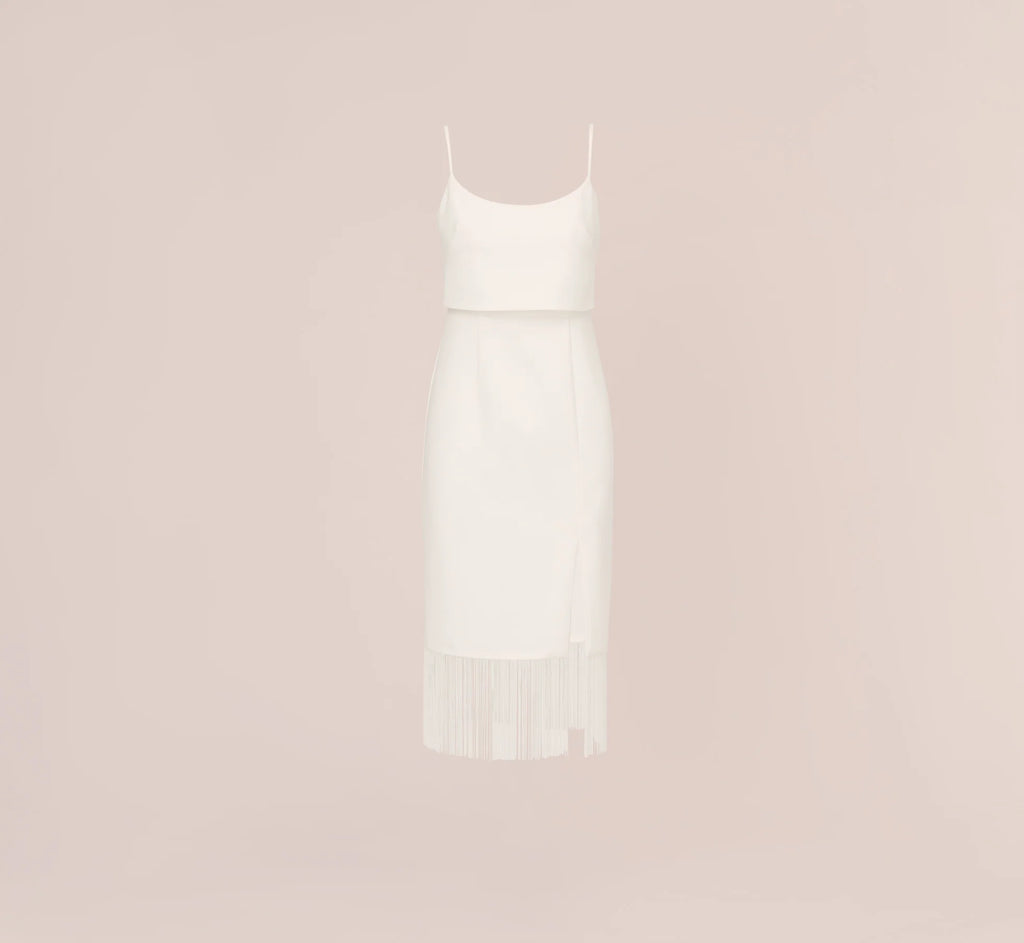 Crepe Popover Midi Dress With Fringe Trim In Ivory