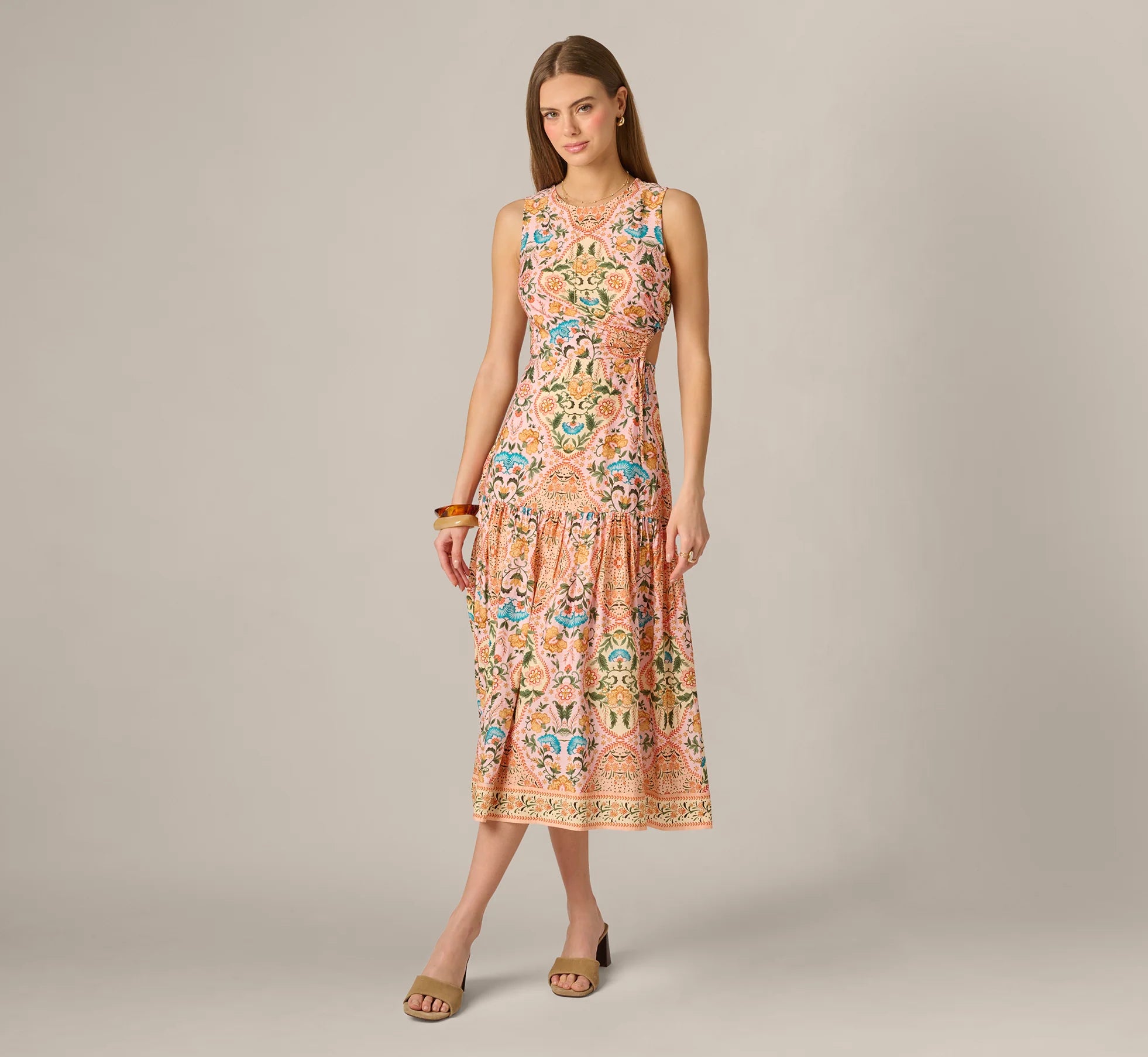 Floral Printed Cutout Drop Waist Midi Dress In Peach Multi
