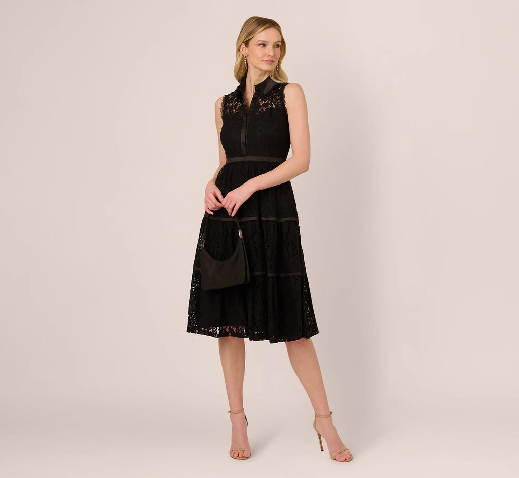 Sleeveless Collared Lace Fit And Flare Dress In Black