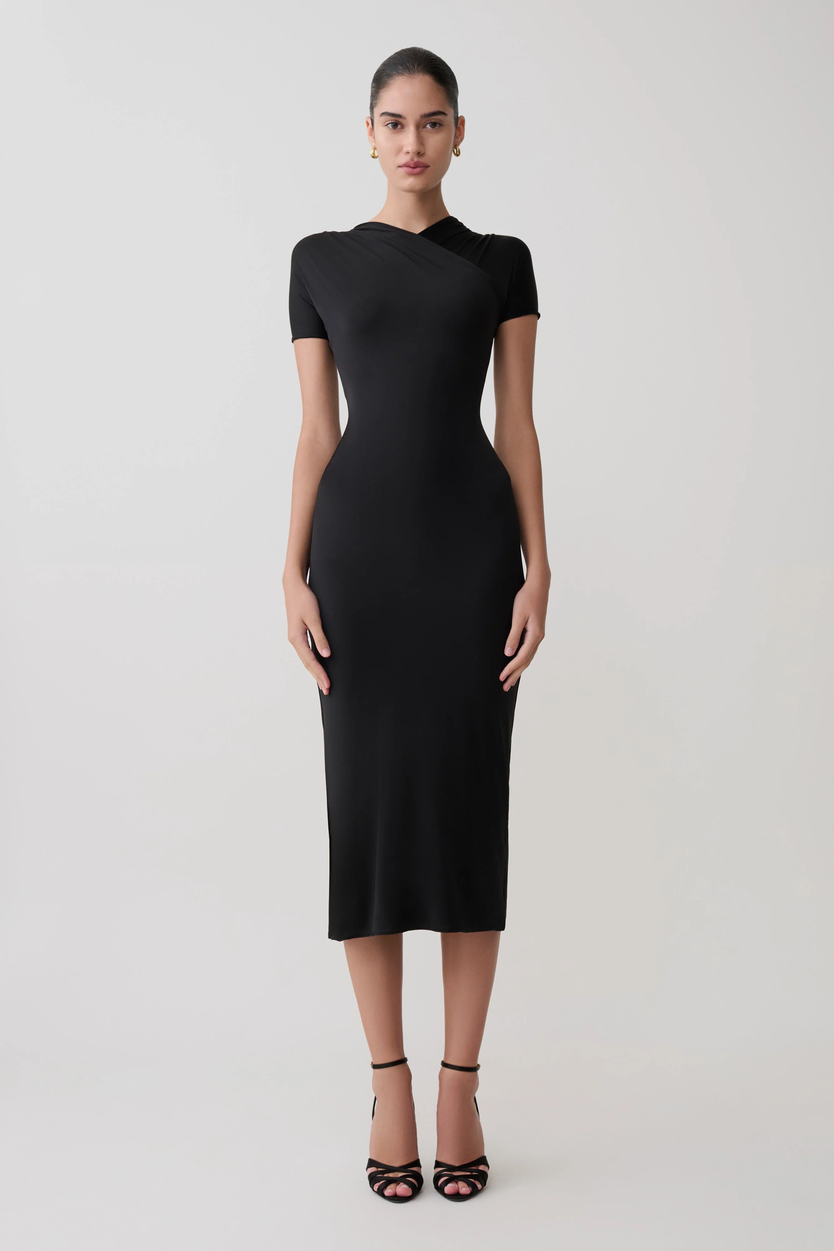 Junie Cross-Over Neck Slinky Maxi Dress - Black