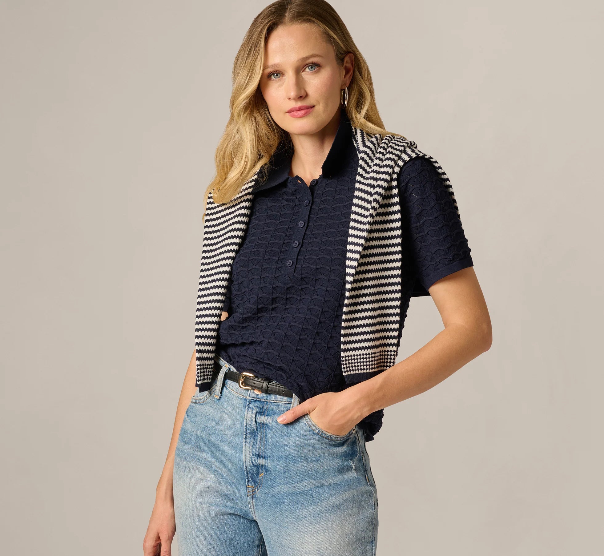Short Sleeve Open Pointelle Polo Top In Blue Moon