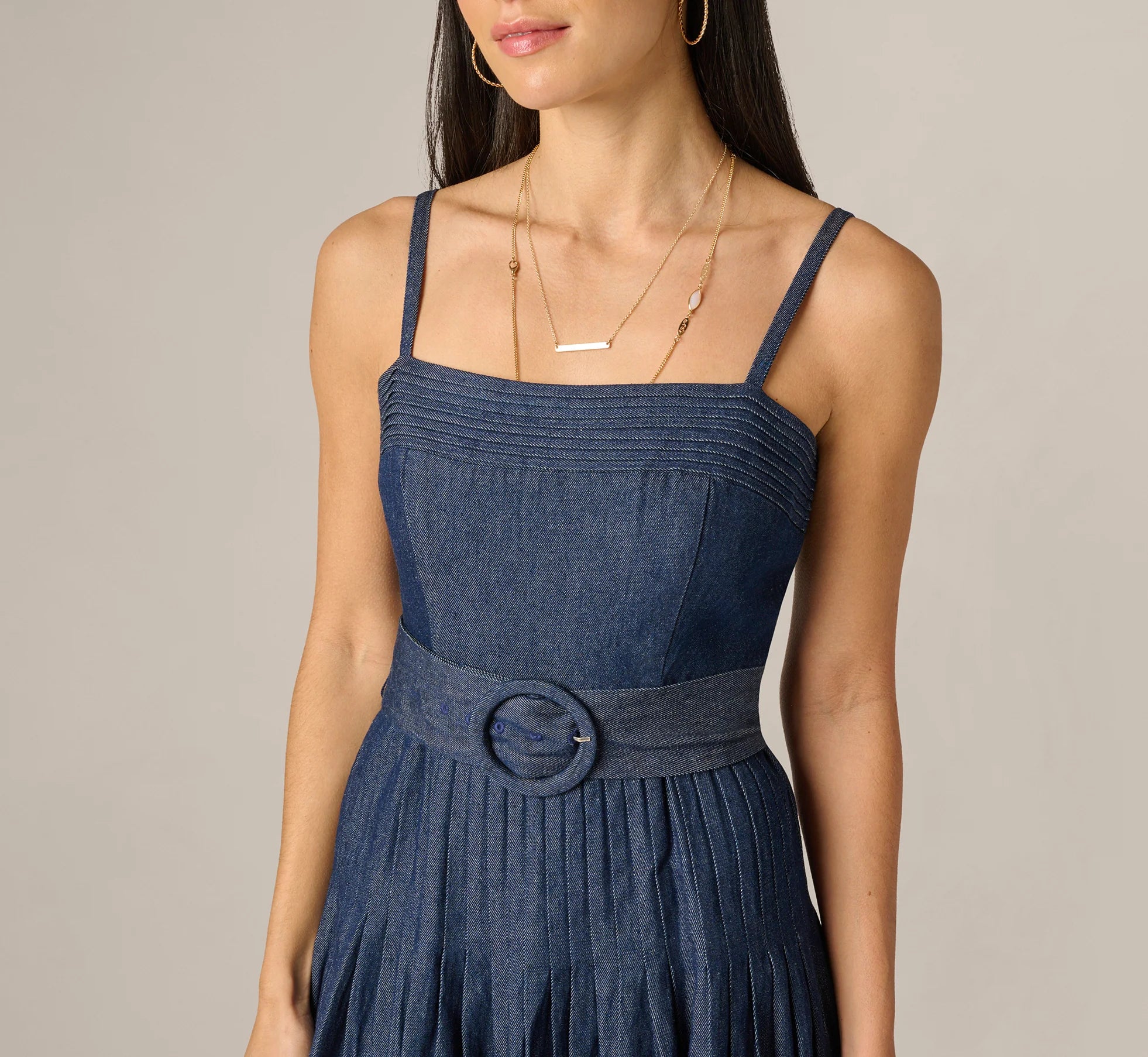 Cotton Denim Drop Waist Belted Midi Dress In Dark Denim