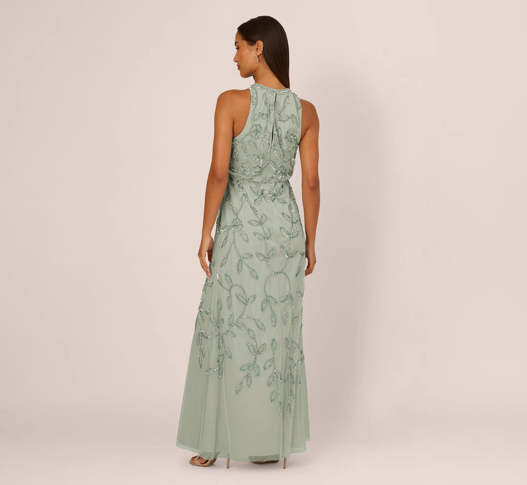 Sleeveless Blouson Mermaid Gown With Jasmine Beading In Aqua Dust