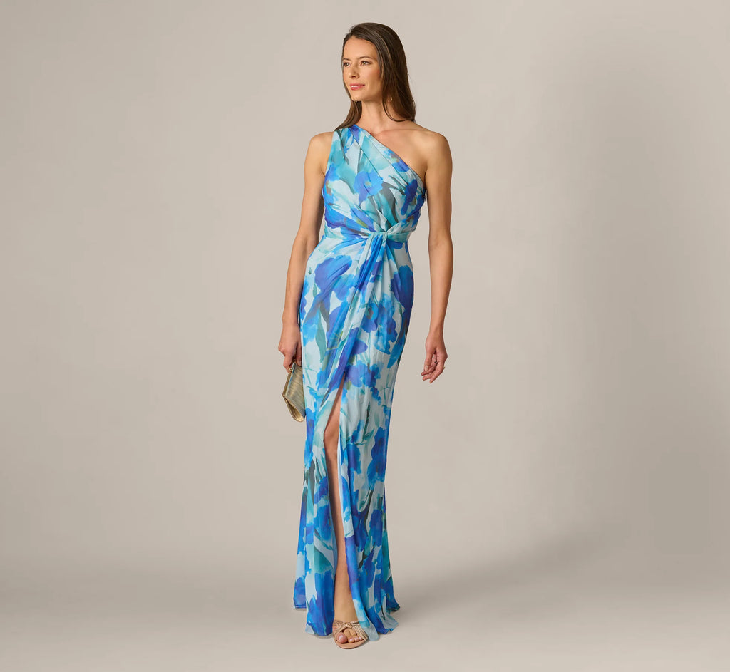 One Shoulder Floral Chiffon Draped Gown In Blue Multi