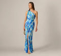 One Shoulder Floral Chiffon Draped Gown In Blue Multi