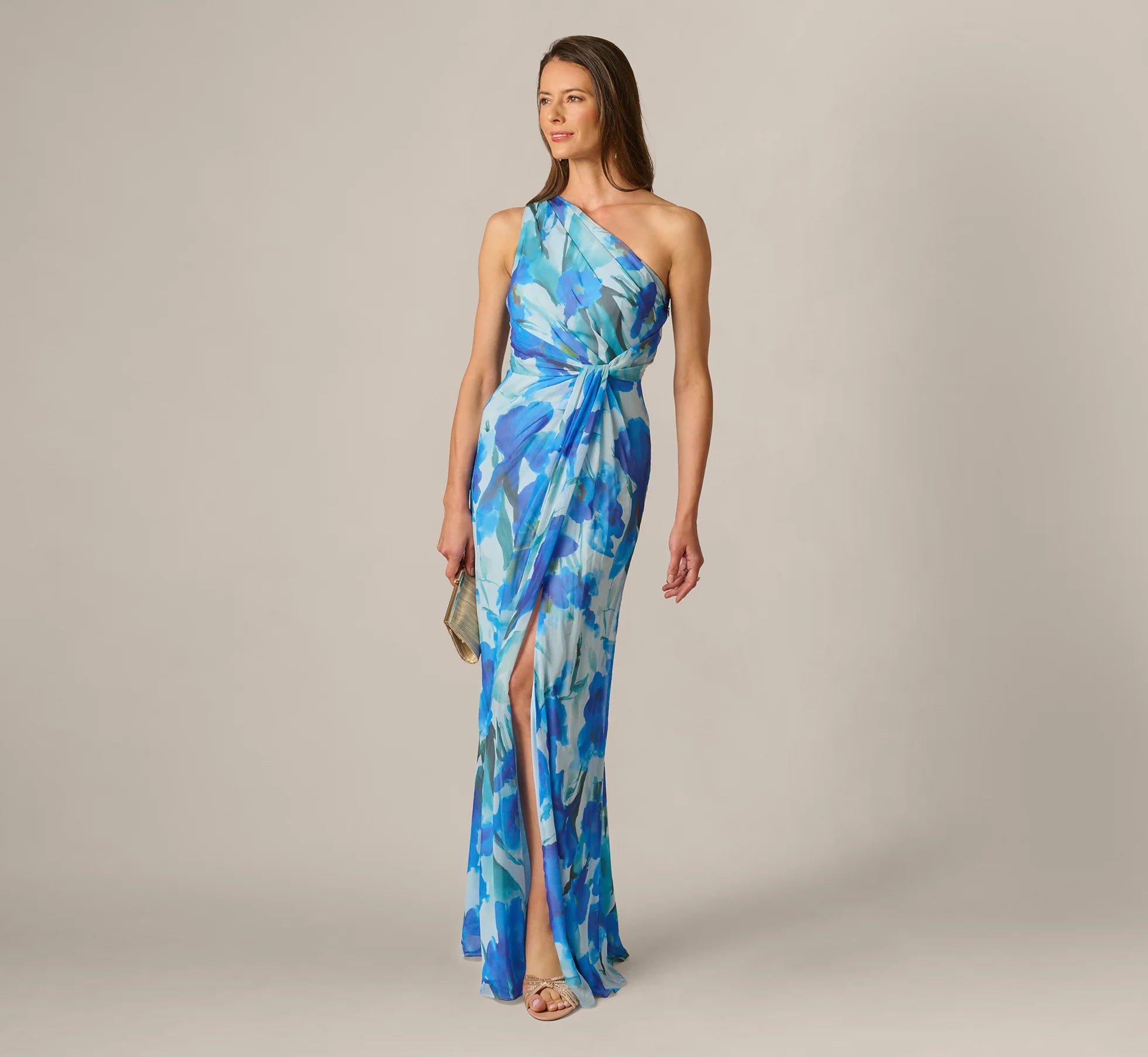 One Shoulder Floral Chiffon Draped Gown In Blue Multi