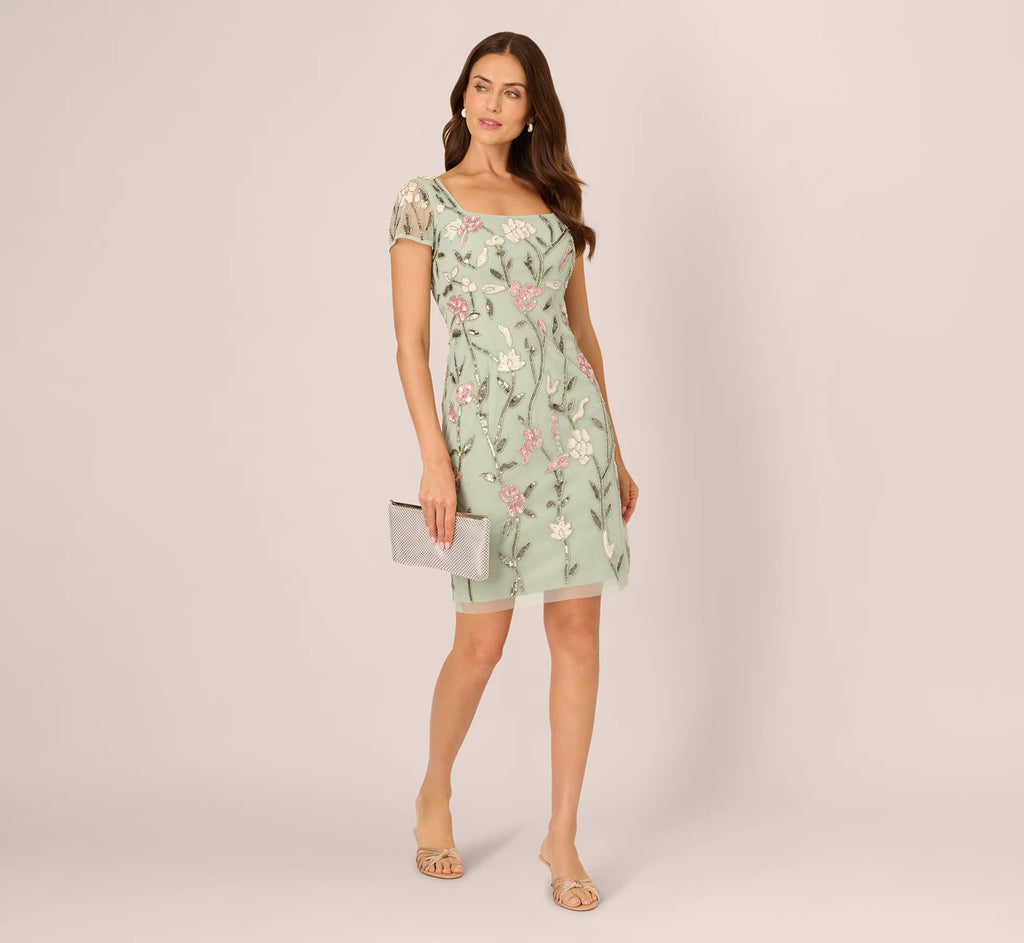 Short Sleeve Floral Beaded Square Neck Cocktail Dress In Icy Sage