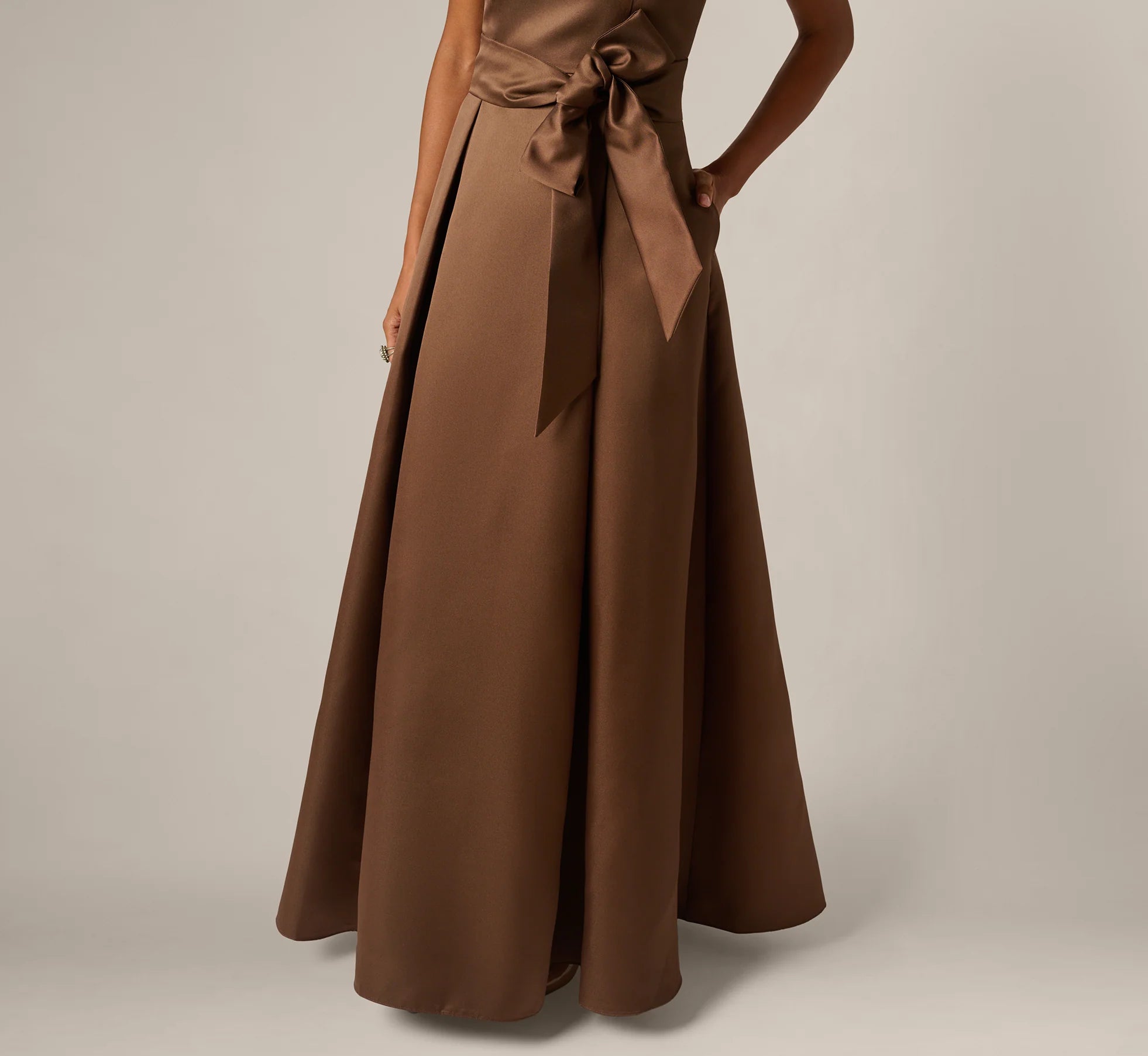 Sleeveless Queen Anne Tie Front Ballgown In Espresso
