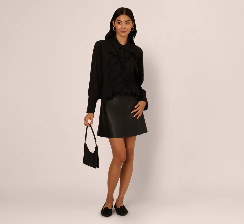 Long Sleeve Sheer Ruffle Front Blouse In Black