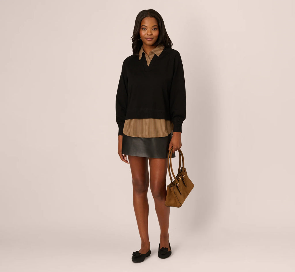 Long Sleeve Collared Printed Twover Sweater In Black W  Mocha Petite Stripe