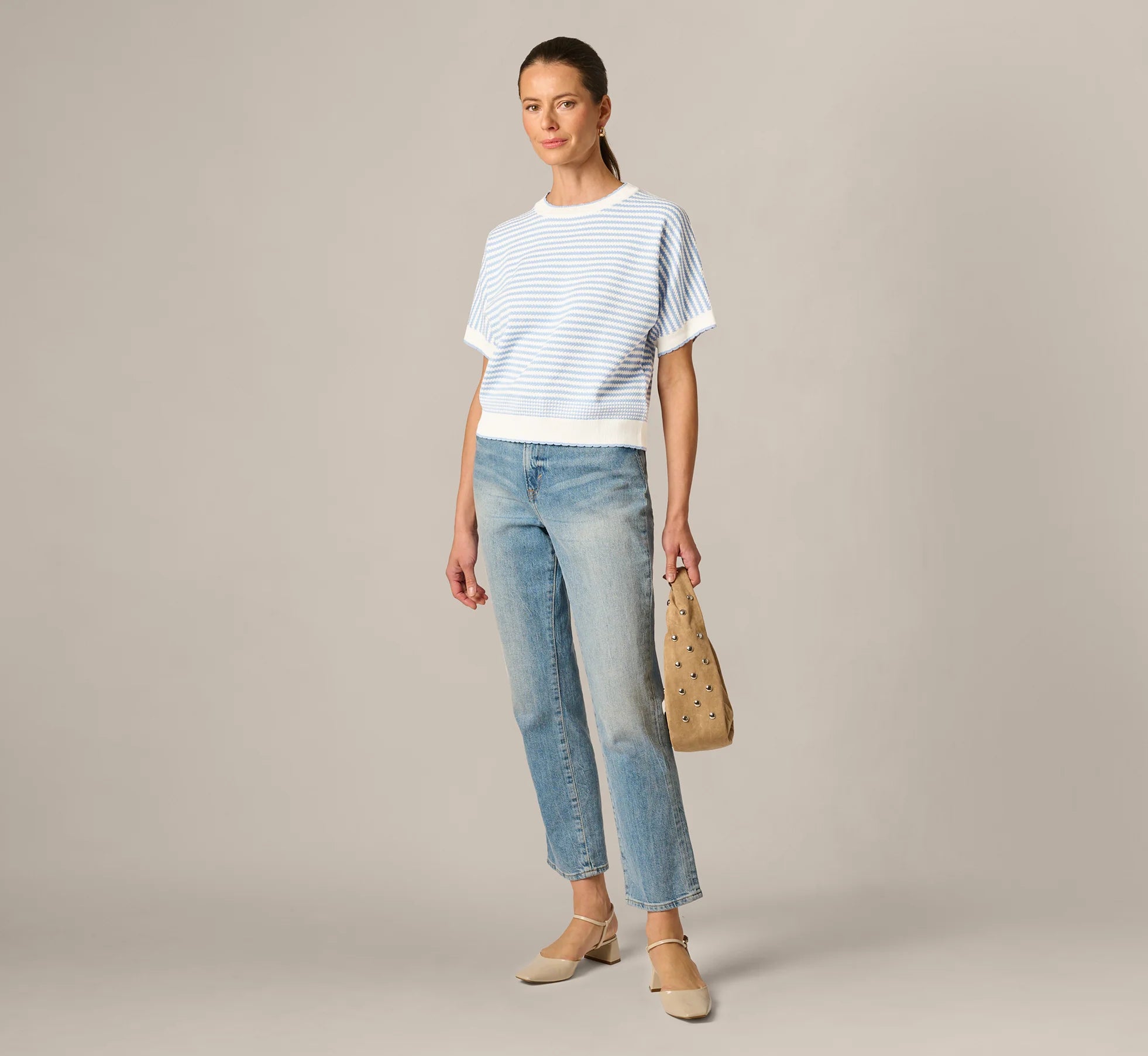 Dolman Sleeve Scalloped Trim Sweater In Ivory Classic Blue